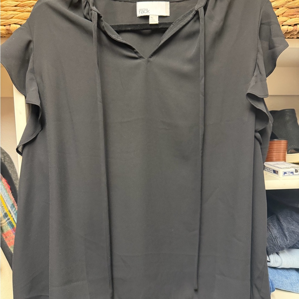 The Rack Black Ruffle-Sleeve Tie-Neck Blouse